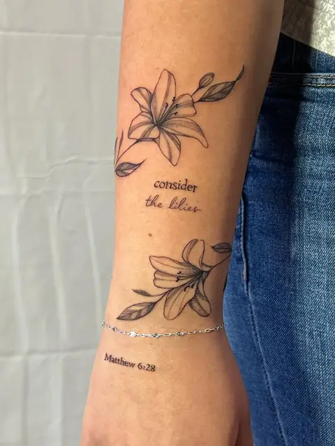 Two fine-line lilies and the line “consider the lilies” — Matthew 6:28.