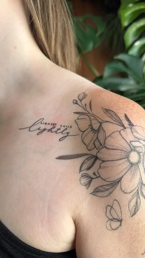 “lightly child” in script beside a shoulder of flowers and a butterfly.